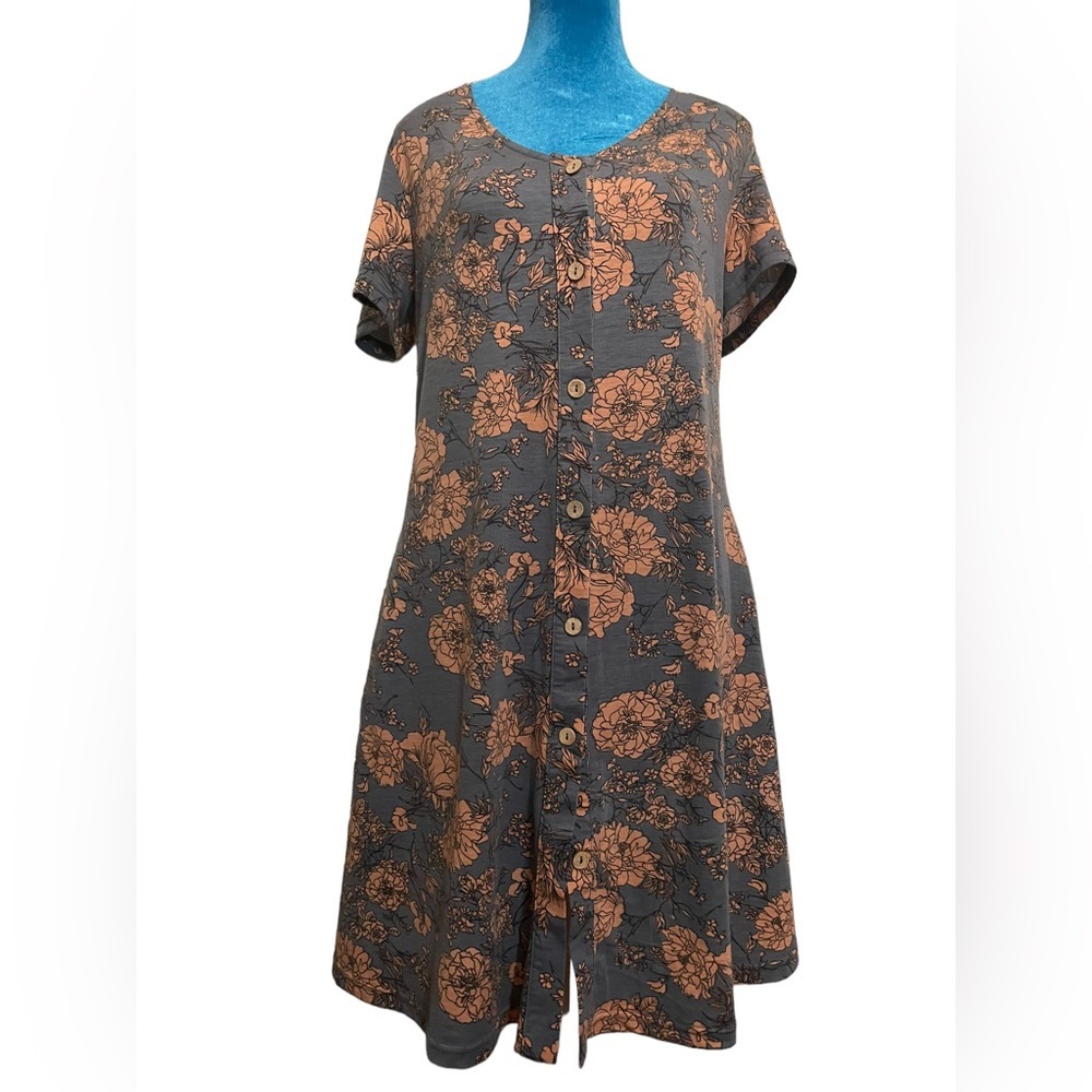 short sleeve button down gray dusty rose floral cottagecore dress - Picture 6 of 12